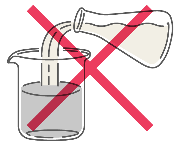 Beaker of one liquid being poured into another different colored liquid with an X over top indicating oils should never be mixed.