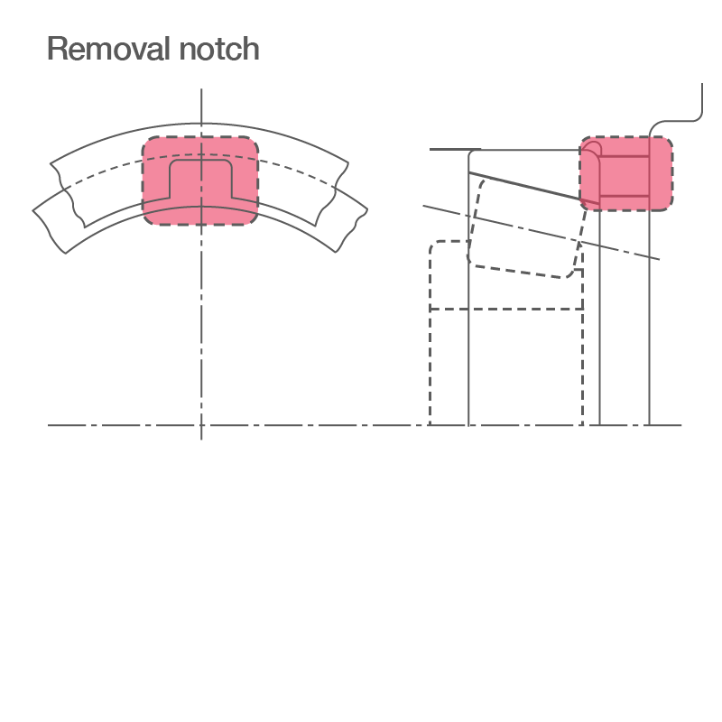 2D cross-section of position of tapered roller bearing and removal notches in the housing shoulder. These notches allow a removal tool to be used to dismount the outer ring.