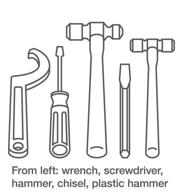 A lineup of handheld mounting tools (wrench, screwdriver, hammer, chisel, and plastic hammer.)