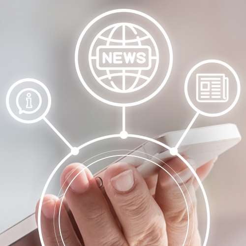 Image of hand holding phone with newspaper and news icons.