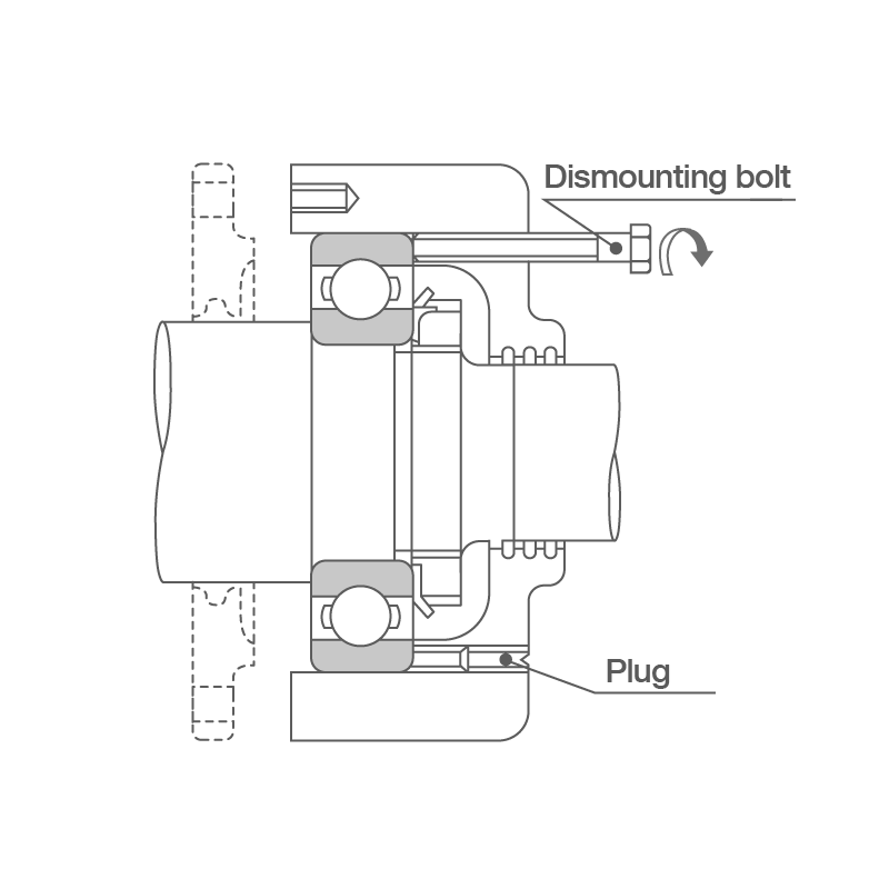 2D cross-section of ball bearing with a tight housing fit showing a plug in one dismounting hole (necessary during normal operation) and a bolt in another. After removing the plugs, the bolts are tightened uniformly to remove the outer ring.