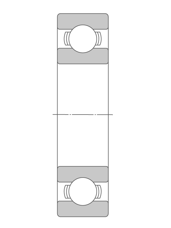 2D cross-section of an open single-row deep groove ball bearing.